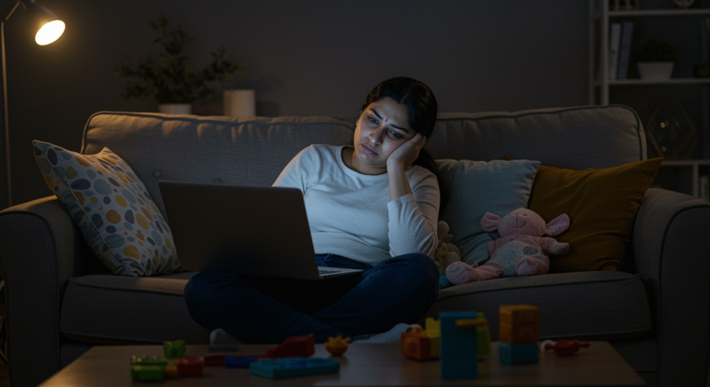 Tired Indian working mother balancing job and baby care
