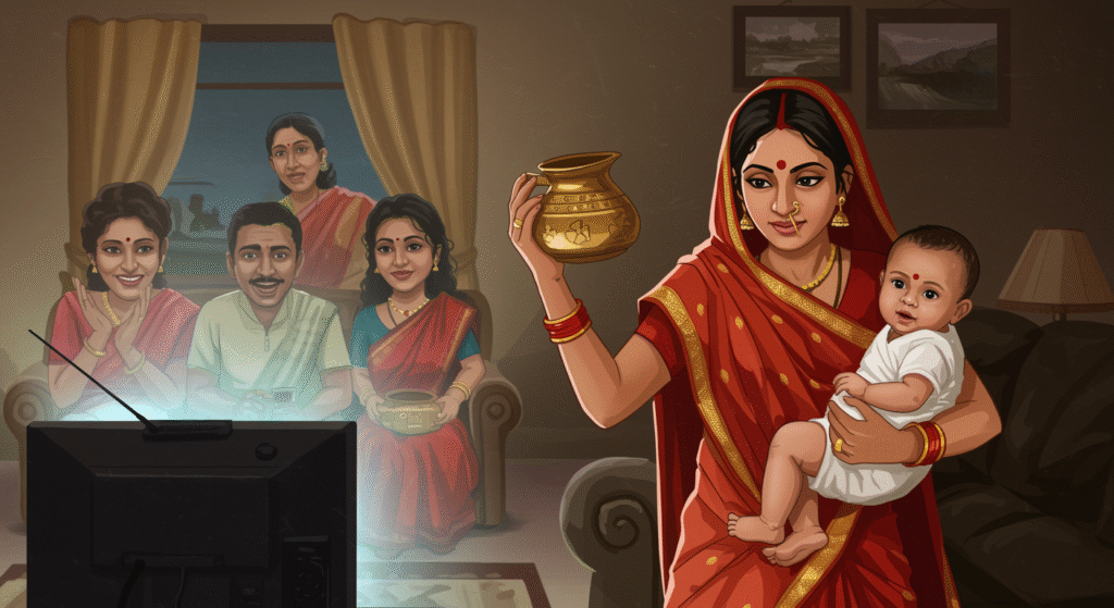 Indian mother balancing household chores and childcare