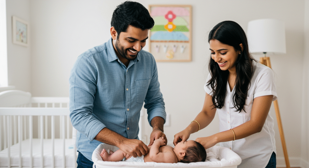 Indian parents sharing childcare responsibilities together